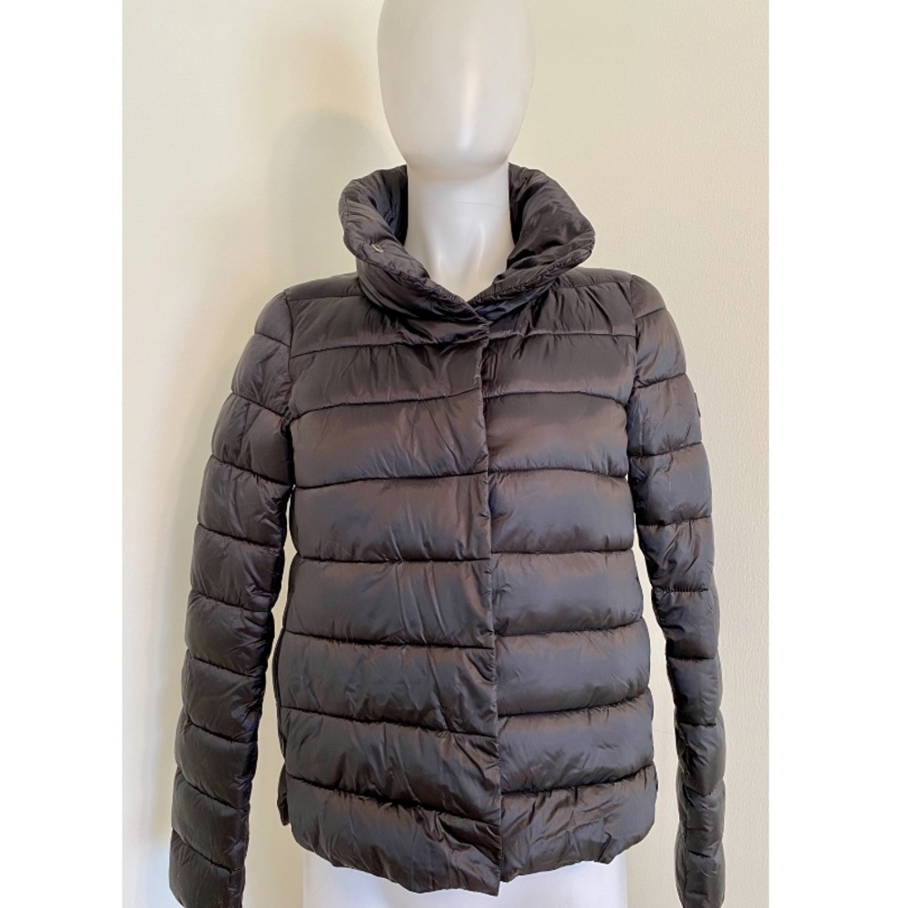 Save The Duck womens Puffer Jacket Black Stand Up Collar Snap Front Pockets NWOT